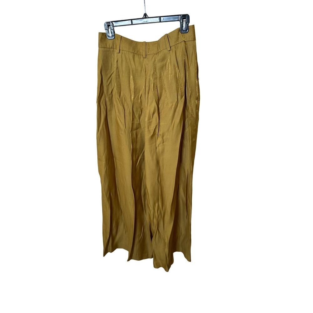 Zara Mustard Gold Metallic Shimmer Wide Leg Pleated High Waist Trousers Size M
